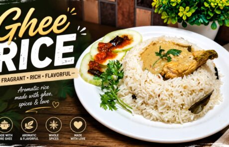 Promotional image for ghee rice showing plated rice with curry and cilantro, with the bold text 'Ghee Rice' and taglines describing aroma and flavor.