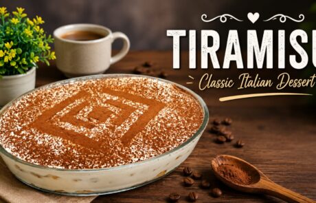 Tiramisu in a glass dish on a wooden table with a cup of coffee and a potted plant, beside the text 'Tiramisu Classic Italian Dessert'.