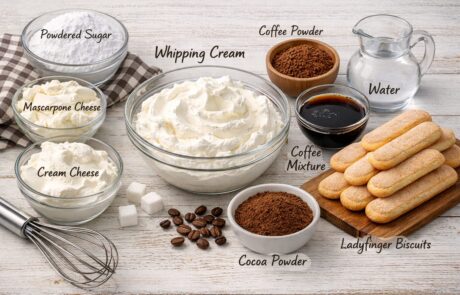 Labeled tiramisu ingredients on a wooden table: mascarpone, cream cheese, whipped cream, cocoa and coffee powders, coffee, water, sugar, ladyfinger biscuits, and coffee beans with a whisk nearby.