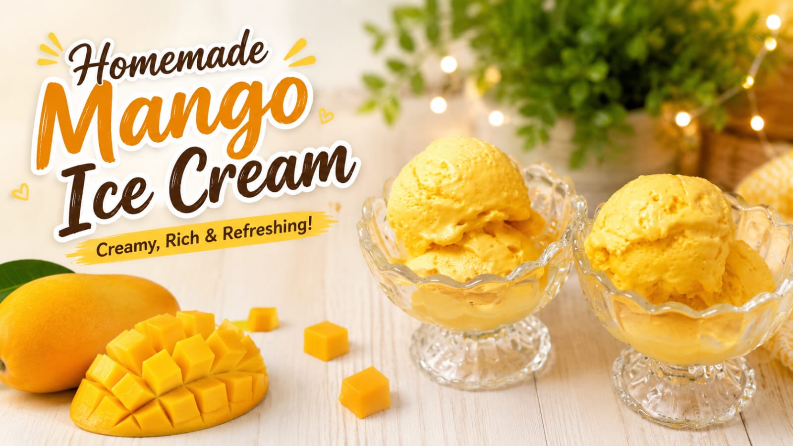 Homemade mango ice cream in glass bowls with a sliced mango on a wooden table; bold text reads 'Homemade Mango Ice Cream' and 'Creamy, Rich & Refreshing!'